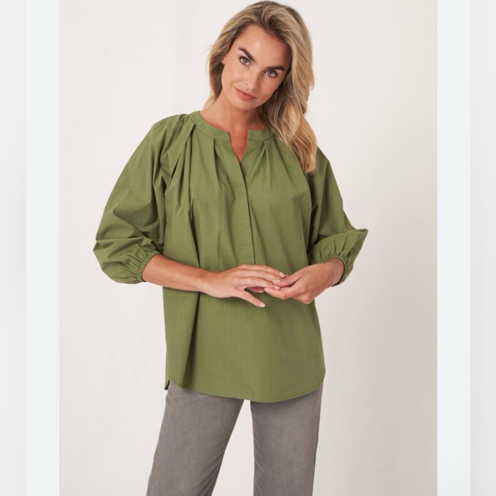 repeat Olive Green Oversized Popover Blouse Small Relaxed puff sleeves